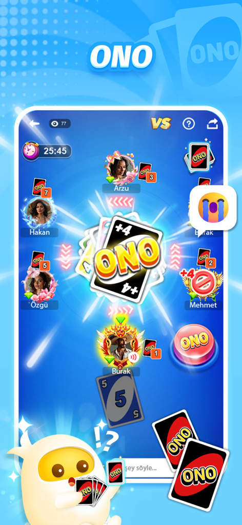 Una captura de pantalla de una sesión de juego multijugador de cartas ONO en la aplicación TopTop que muestra avatares de jugadores y funciones de chat social.