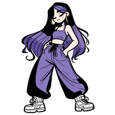 girl in baggy pants crop top and long hair