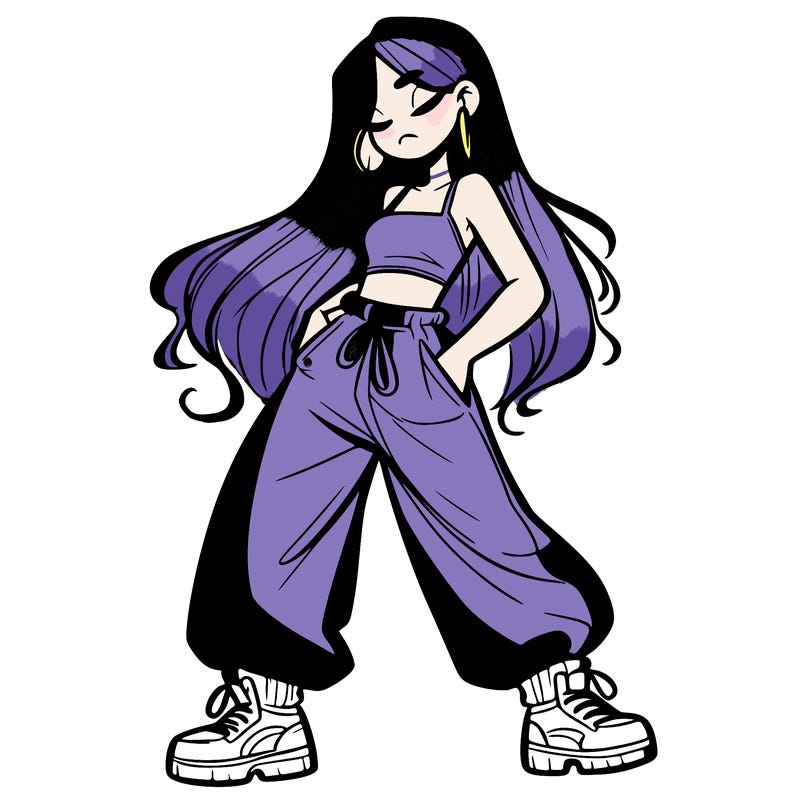 girl in baggy pants crop top and long hair