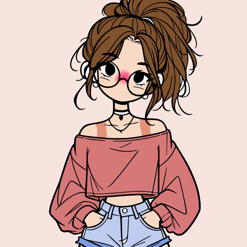 girl with a messy ponytail glasses a baggy crop top and jean shorts