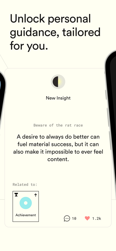 A personal insight card from the Dimensional app discussing achievement and contentment.