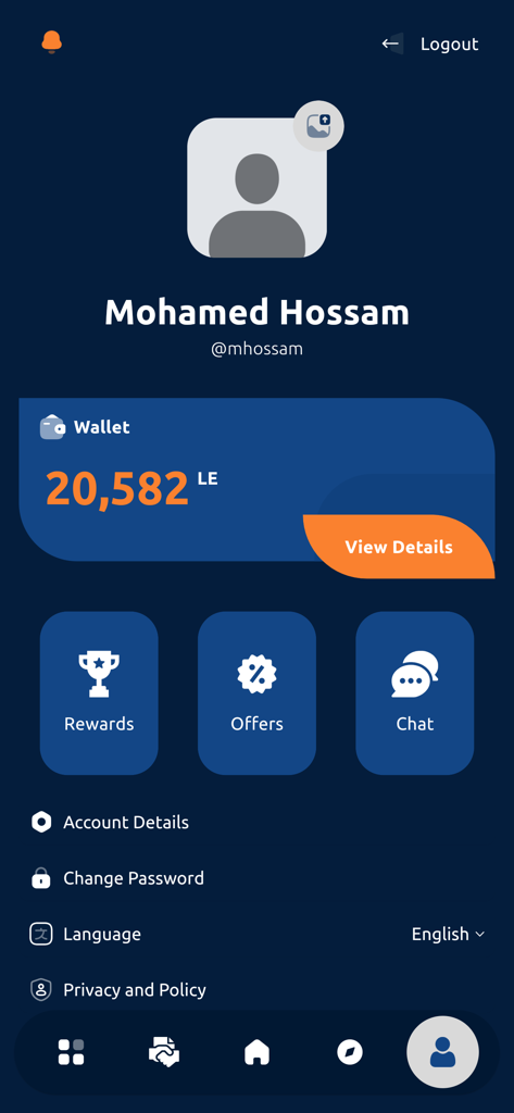 Dar | دار - Panel de perfil de usuario en la aplicación inmobiliaria Dar que muestra el saldo de la billetera y las opciones de cuenta