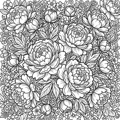 Unleash your creativity with this exquisite full scene coloring page, brimming with the opulent beauty of double peonies. Every inch of the design is filled with intricate floral details, promising hours of engaging and meditative coloring.