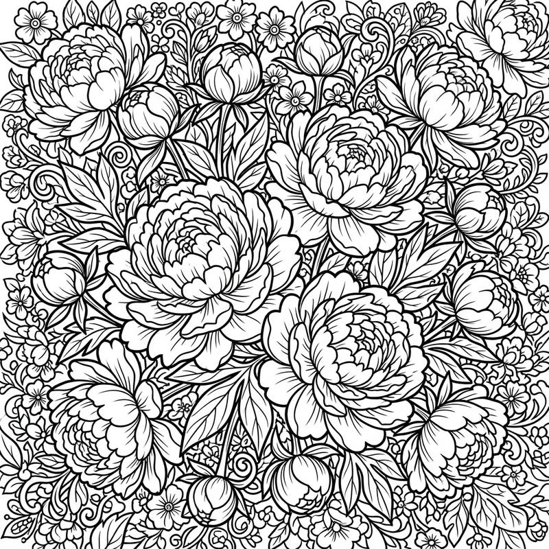 Unleash your creativity with this exquisite full scene coloring page, brimming with the opulent beauty of double peonies. Every inch of the design is filled with intricate floral details, promising hours of engaging and meditative coloring.