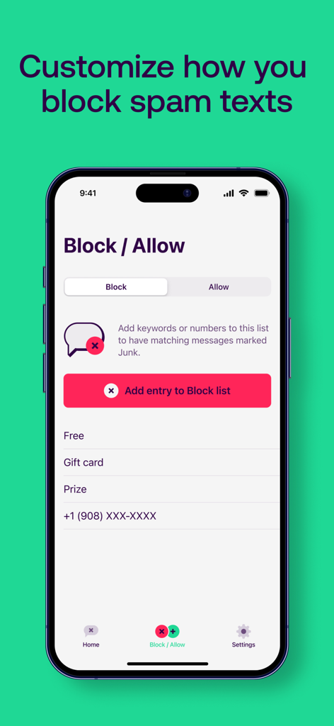 A screenshot of the Textkiller app showing the block and allow list settings to customize spam text filtering.