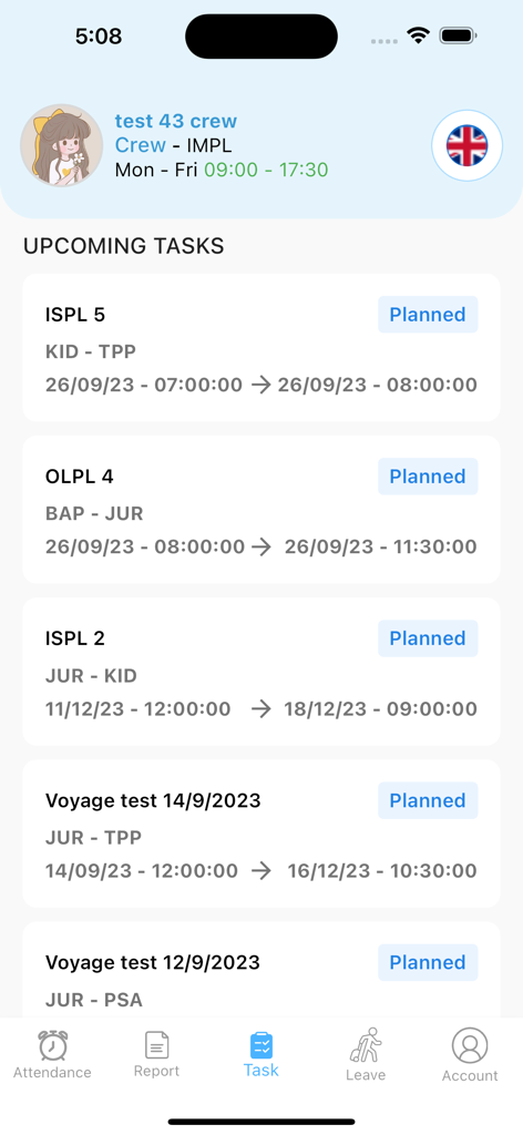 IMPL ERP - La interfaz de la aplicación móvil IMPL ERP que muestra una lista de tareas planificadas próximas con fechas y estado para los empleados