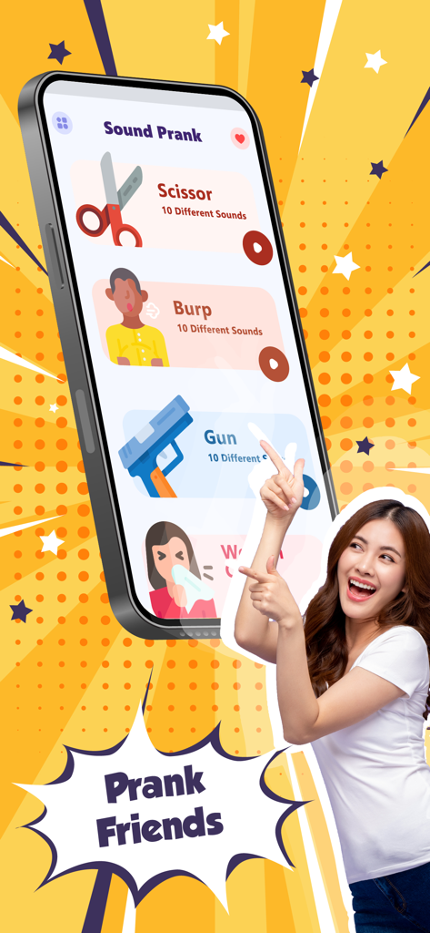 Pantalla de smartphone que muestra la aplicación Air Horn y Funny Sound Prank con categorías para sonidos de tijera, eructo y pistola