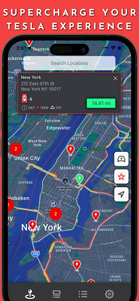 Supercharger for Tesla - Map view of the Supercharger for Tesla app showing charging station locations and details in New York City.