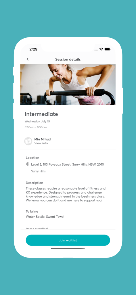 KX Pilates mobile app screen showing intermediate reformer class details with a join waitlist button