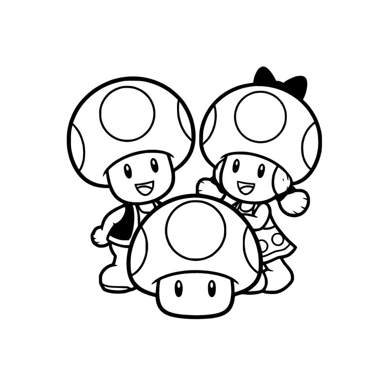toad and toadette from mario and the super mushroom from mario