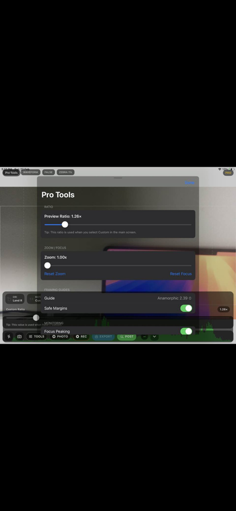 AnamorphicDesqueezer - Pro Tools menu in the AnamorphicDesqueezer app showing custom ratio and framing guide settings