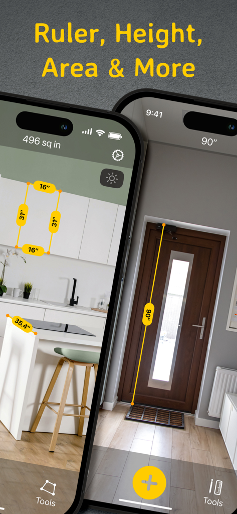 Tape Measure: AR Ruler - Two iPhones showing the AR Ruler app measuring kitchen cabinet area and door height using augmented reality