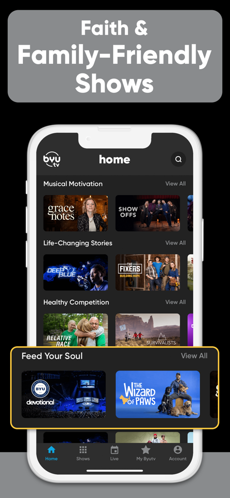 BYUtv home screen displaying a curated selection of faith-based and family-friendly television shows
