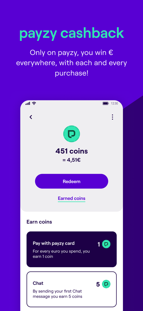 payzy - Pantalla de la app móvil que muestra el saldo de cashback de payzy en monedas y opciones para ganar más gastando o chateando