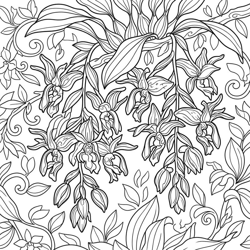 Immerse yourself in the exotic beauty of Stanhopea orchids with this stunning coloring template. Featuring their distinctive downward-blooming flowers and lush botanical elements, it offers a captivating artistic challenge for all ages.