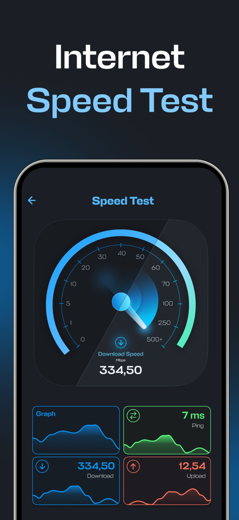 SpeedTest- Wifi Analyzer 5G 4G - Mobile app interface showing internet speed test results including download speed upload speed and ping