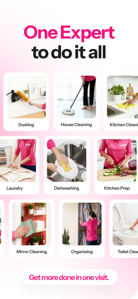 Snabbit: House Help in 10 mins - Collage von Haushaltshilfediensten, einschließlich Reinigung, Wäsche und Küchenvorbereitung