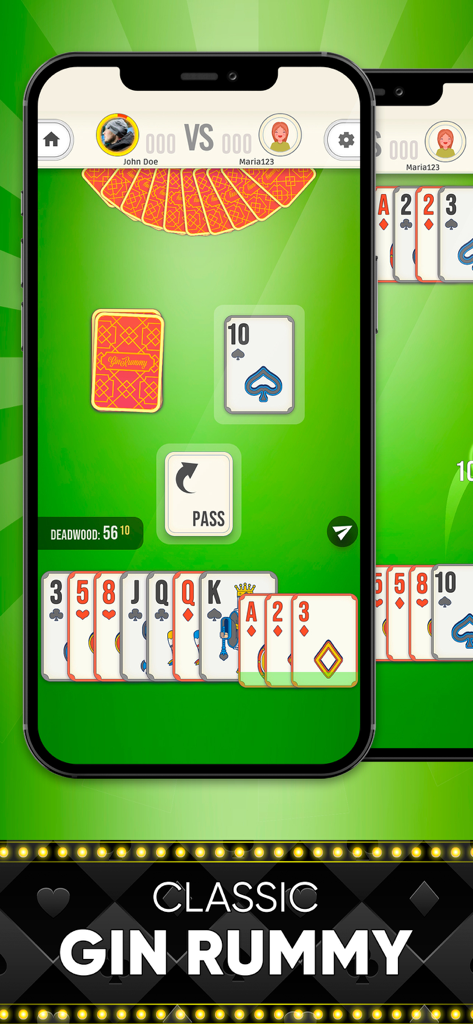 Gin Rummy: Classic Card Game - A classic Gin Rummy card game interface on a mobile device with large cards and a green table.