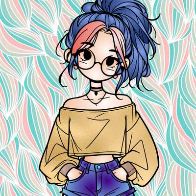 girl with a messy ponytail glasses a baggy crop top and jean shorts