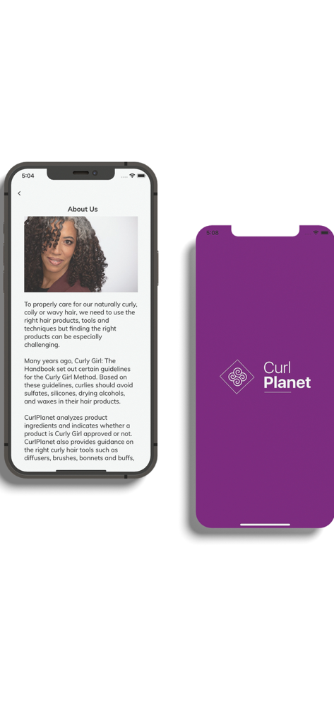 Curl Planet - Tela da página Sobre Nós e do logotipo do aplicativo Curl Planet