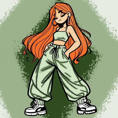 girl in baggy pants crop top and long hair
