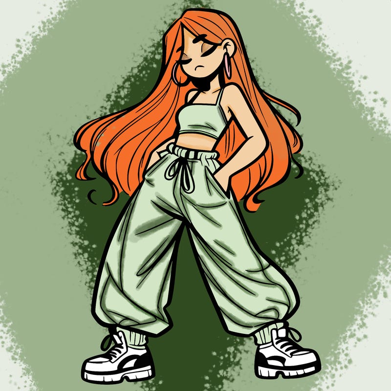girl in baggy pants crop top and long hair