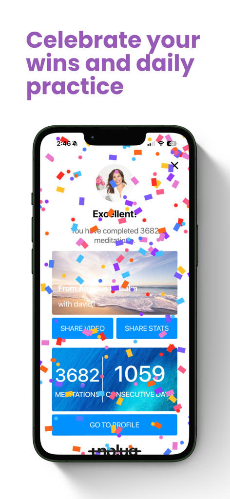 Unplug: Meditation - A celebration screen in the Unplug meditation app showing user milestones and meditation stats with digital confetti