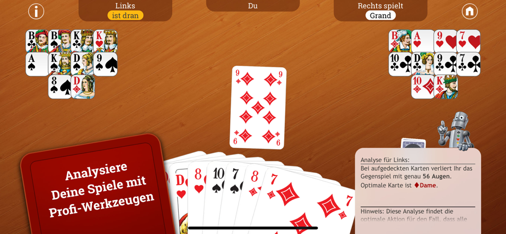 Skat - Juego de la aplicación móvil Skat que muestra herramientas de análisis profesional y juego de cartas estratégico sobre un fondo de madera.