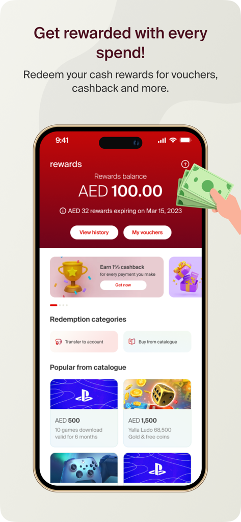 Mobile app interface of e and money UAE showing rewards balance and cashback redemption categories