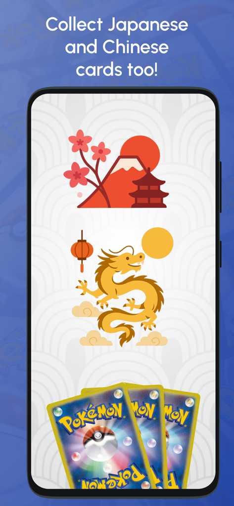 Pokécardex - Pokecardex app screenshot promoting the collection of Japanese and Chinese Pokemon cards with traditional cultural icons