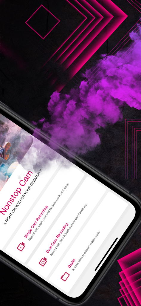 Nonstop Cam App-Oberfläche zeigt Aufnahme-Modi für einzelne und doppelte Kameras mit einem Entwürfe-Ordner