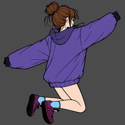 realistic girl jumping with a bun and oversized sweatshirt