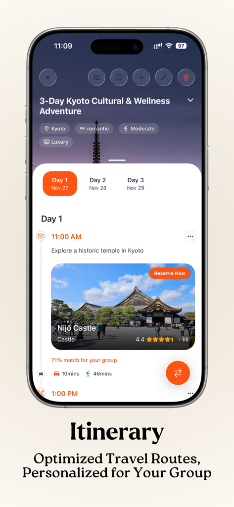Roameo: Explore, Swipe, Go - Roameo mobile app interface displaying a personalized group itinerary for a three-day trip to Kyoto
