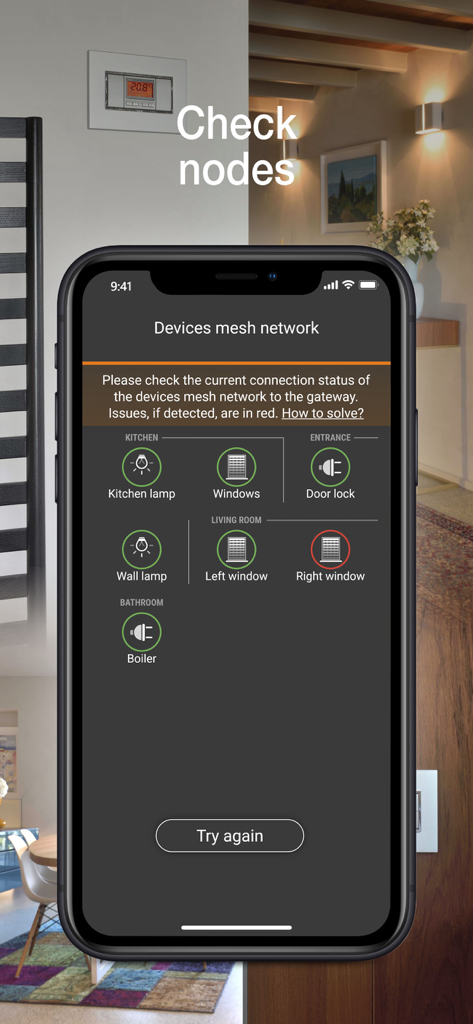 Schermata dello smartphone dell'app Vimar VIEW Wireless che mostra lo stato di connessione dei dispositivi smart home in una rete mesh.