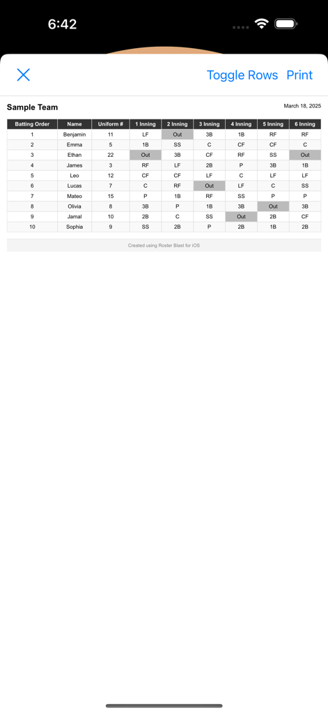 A digital baseball lineup table displaying player names and their defensive positions across six innings