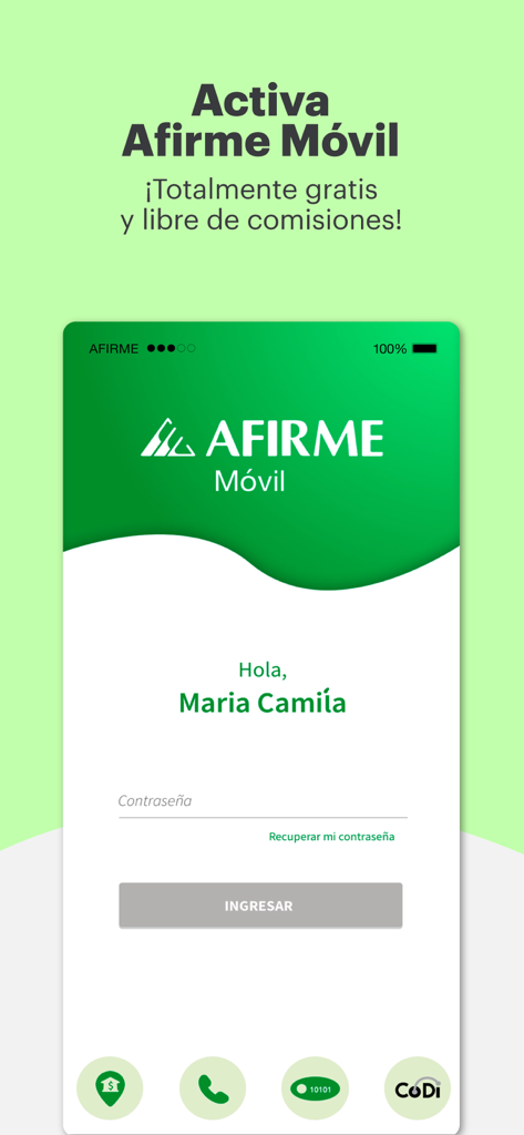 Afirme Móvil - Pantalla de inicio de sesión de la aplicación bancaria Afirme Movil con saludo personalizado