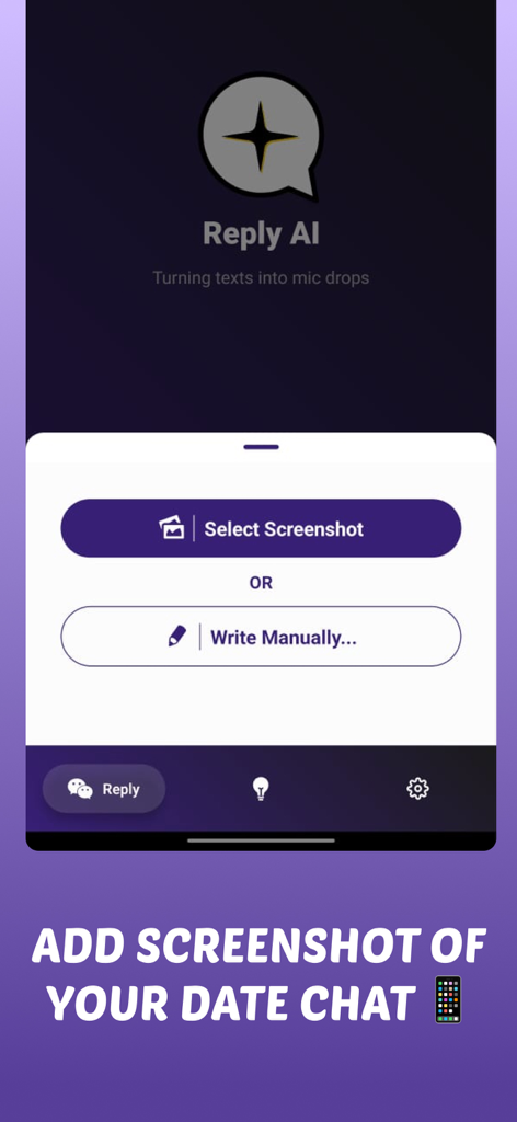 Interface of the Reply AI app showing options to upload a chat screenshot or write a message manually for AI response suggestions