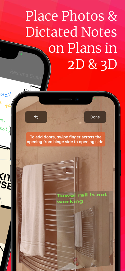 Interface of the RoomScan Pro app showing a photo of a bathroom with an overlaid text note stating the towel rail is not working.
