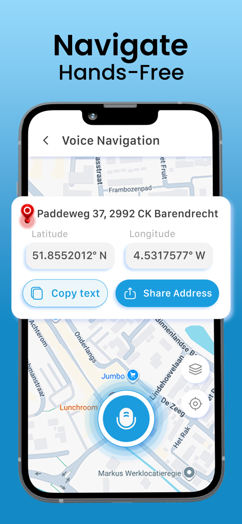 Captura de pantalla de la aplicación RouteFinder mostrando navegación por voz manos libres con mapa y coordenadas de dirección