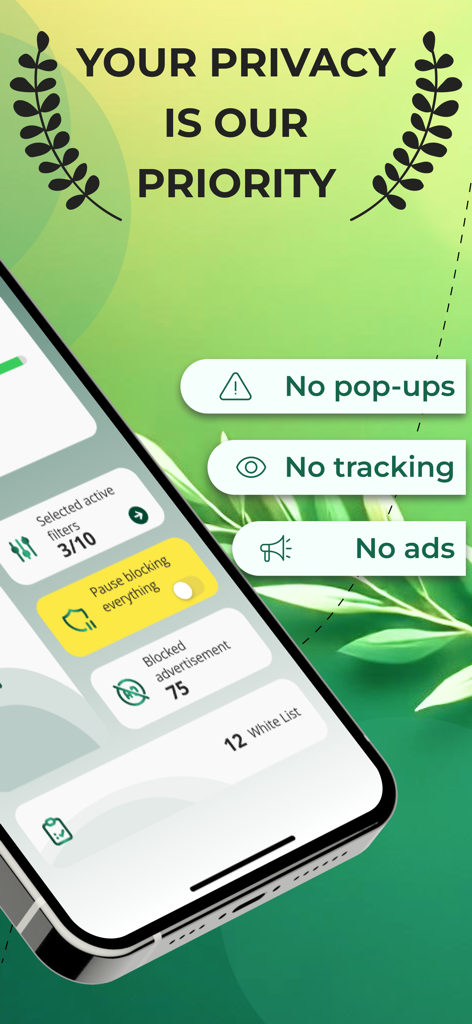 AI Ad Blocker: Safari Adblock - Screenshot dell'app AI Ad Blocker che mostra le funzionalità di privacy, inclusi pop-up, tracciamento e pubblicità bloccati.