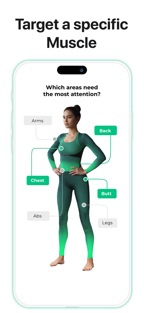 Fitonomy: Home & Gym Trainer - Interface of the Fitonomy app showing a female model with interactive labels to select target muscle groups for personalized training