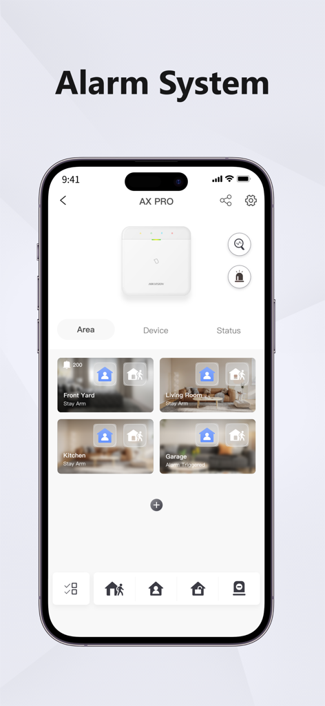 집안의 각 구역에 대한 AX PRO 알람 시스템 상태를 보여주는 Hik-Connect 앱 대시보드