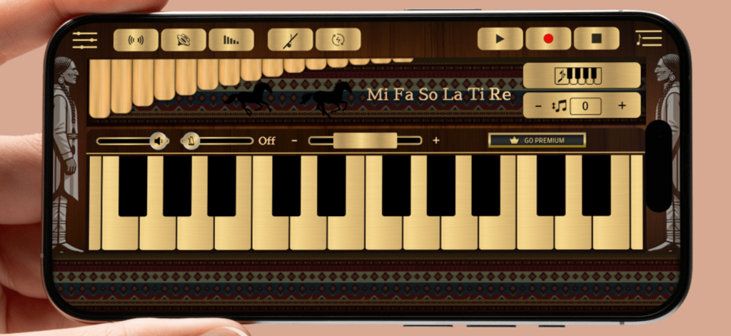 Interfaz móvil de la aplicación Pan Flute Sim con un teclado dorado y patrones culturales tradicionales