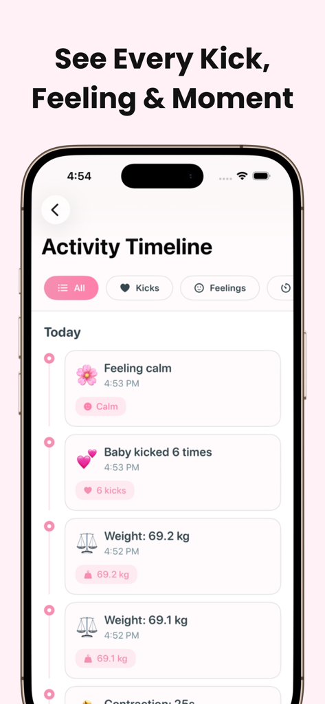 Cronología de actividad en la aplicación BabyKicks que muestra registros de patadas del bebé, sensaciones y seguimiento de peso.