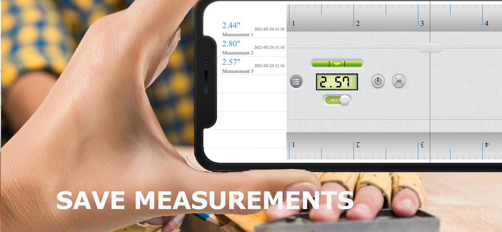 Ruler • - Aplicación de regla digital mostrando una lista de mediciones guardadas y una herramienta de nivel de burbuja