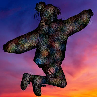 realistic girl jumping with a bun and oversized sweatshirt