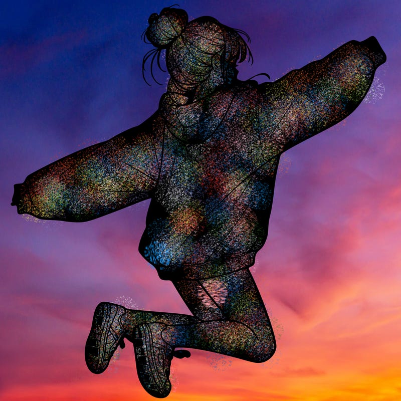 realistic girl jumping with a bun and oversized sweatshirt