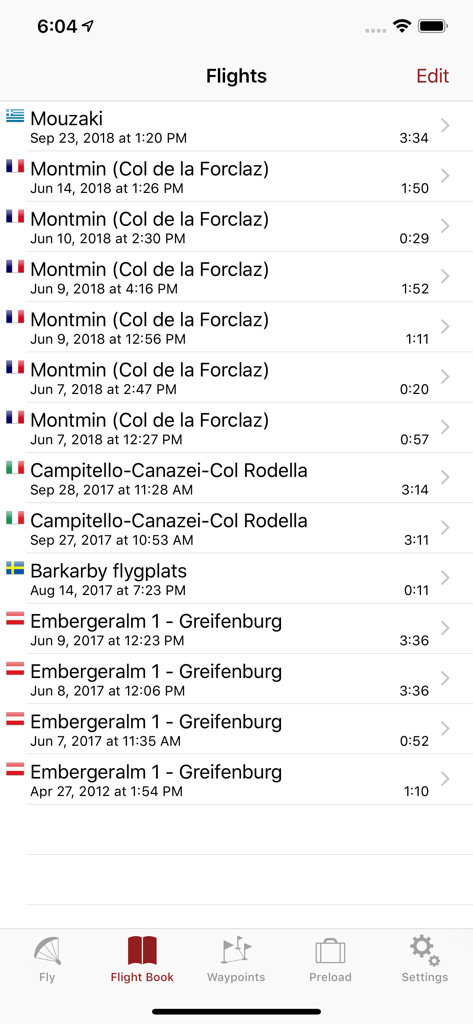Flyskyhy - A list of recorded paragliding flights showing location, date, and duration in the Flyskyhy app