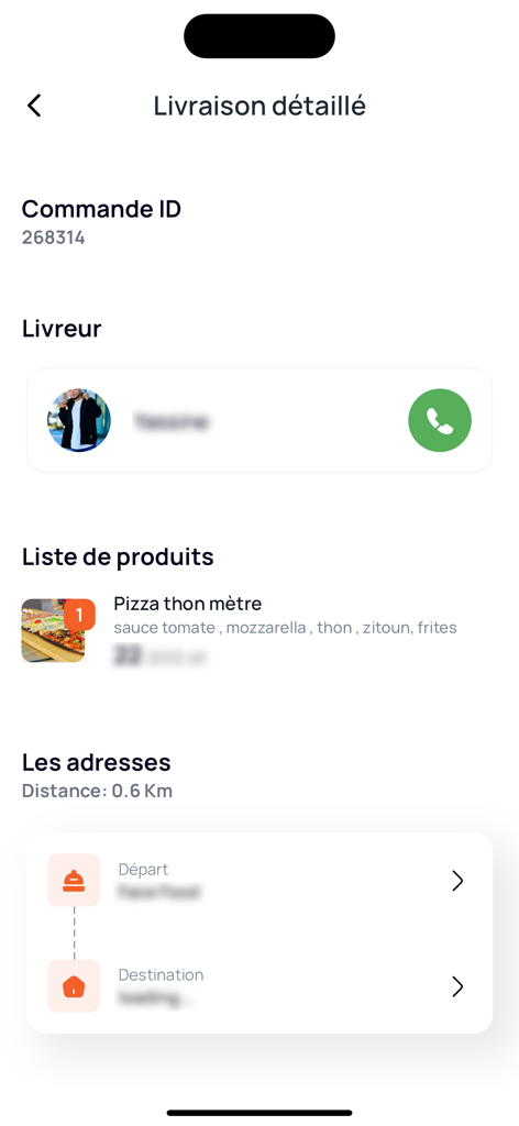 Fly Delivery - Detailed order tracking screen showing delivery person information and product summary