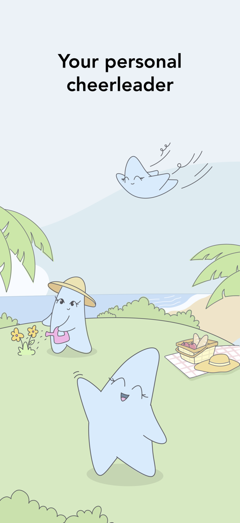 Manifest: Daily Journal - Lindas mascotas estrella azul en un entorno soleado al aire libre con el texto Tu animadora personal.